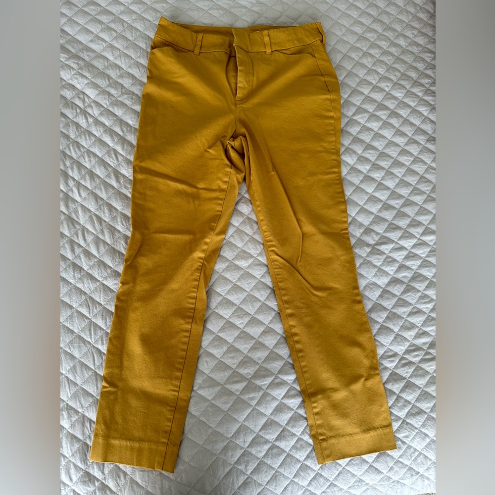 Old Navy Pixie Pants, high rise, secret slim pockets, mustard in color.